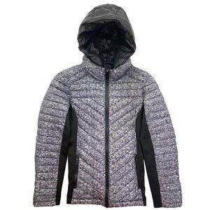 GUESS Womens Quilted Lightweight Hooded Puffer Jacket Grey Black Size Small